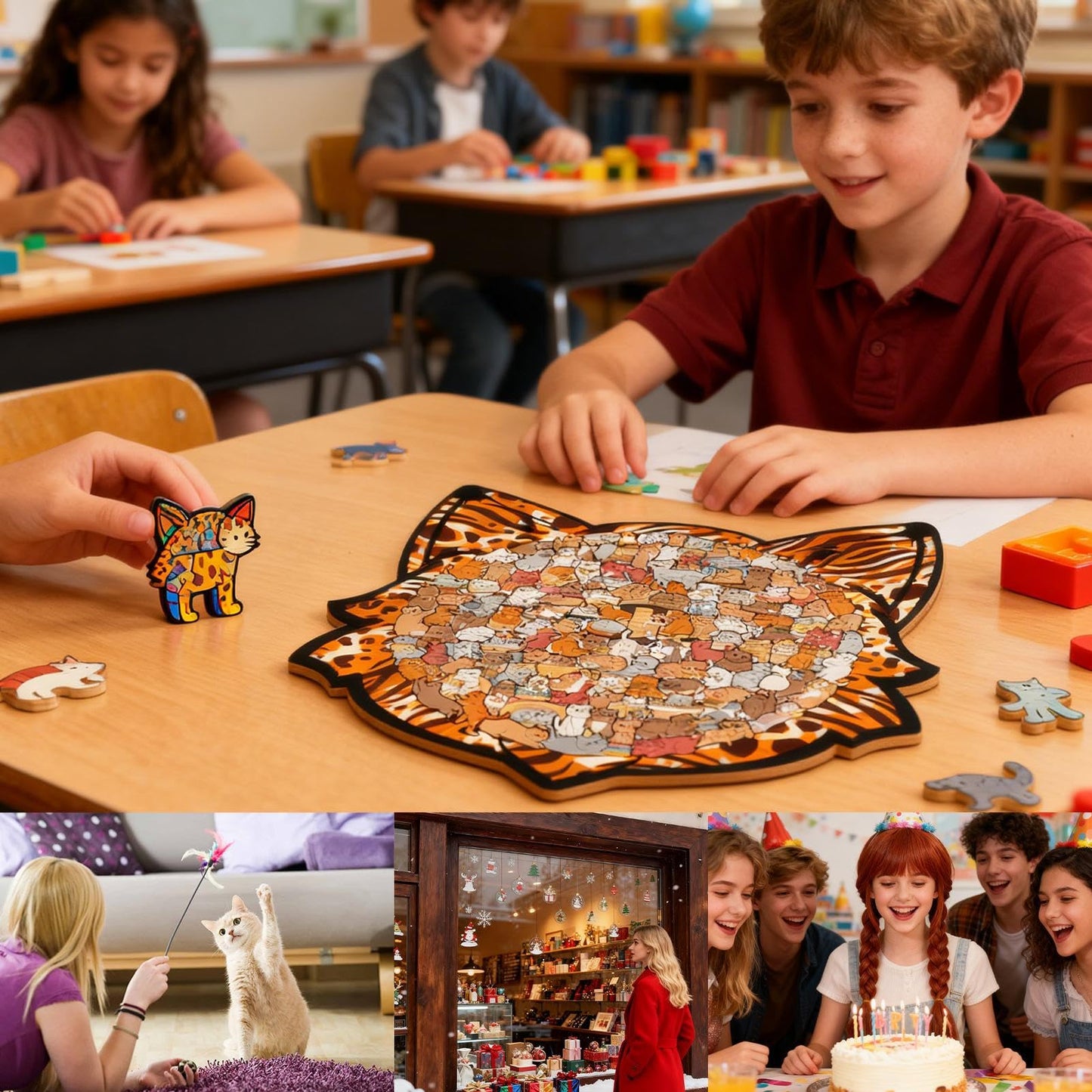 Colorful Cat-Shaped Tray Wooden Jigsaw Puzzle